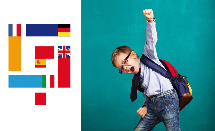 Σημαίες κρατών και μικρό παιδί με τσάντα πανηγυρίζει